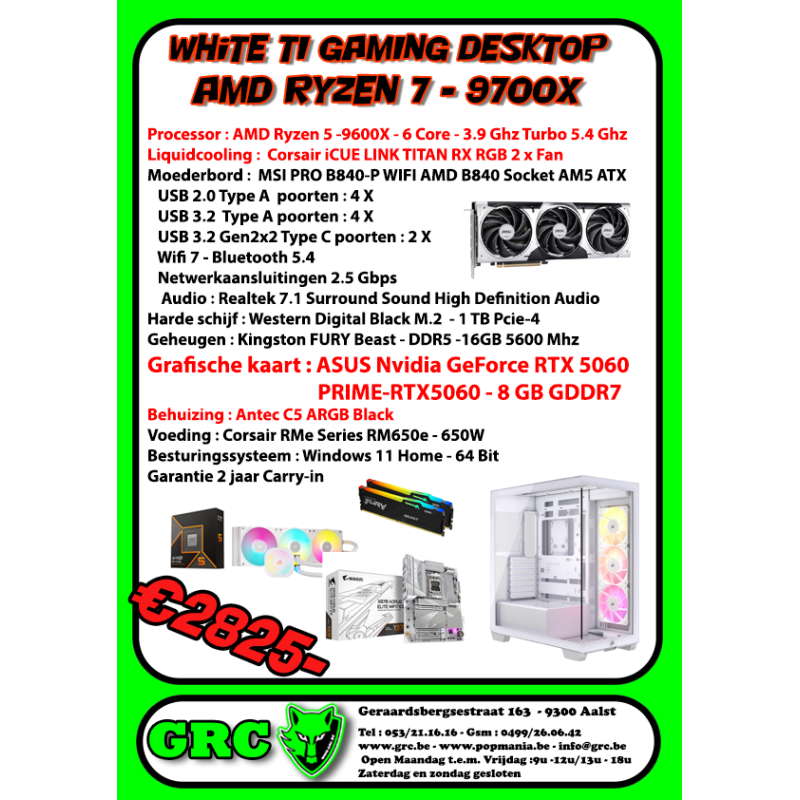 White Ti Gaming Desktop AMD Ryzen 7 - 9700X - RTX 5060Ti