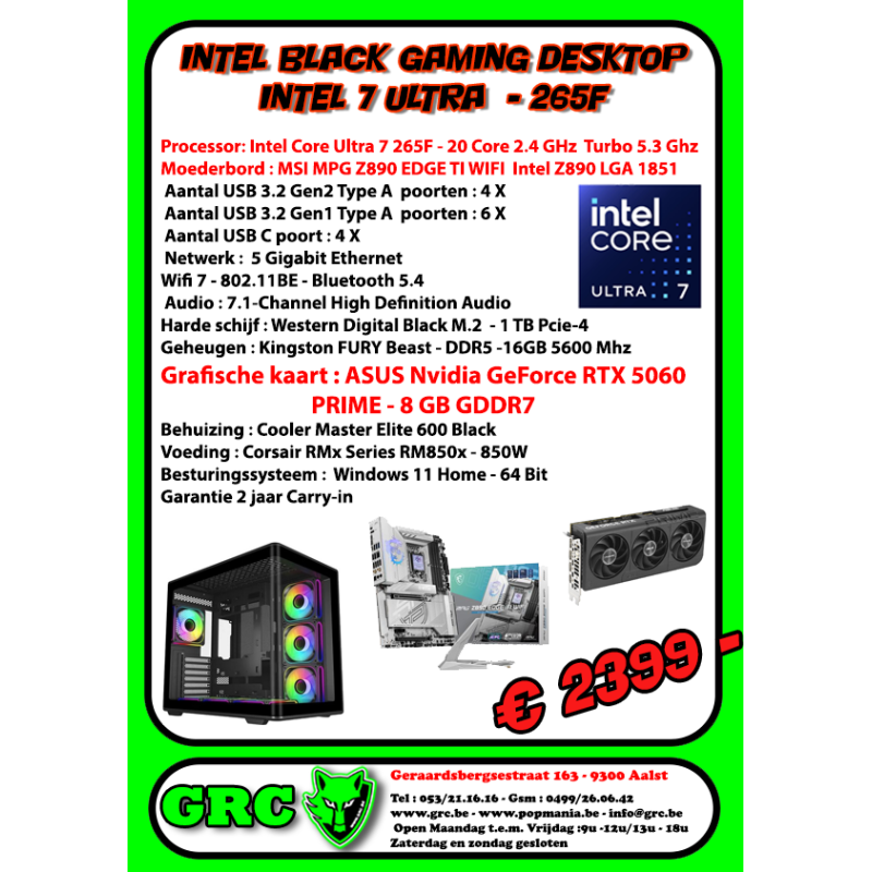 Intel Black GAMING Desktop Intel 7 Ultra  - 265F