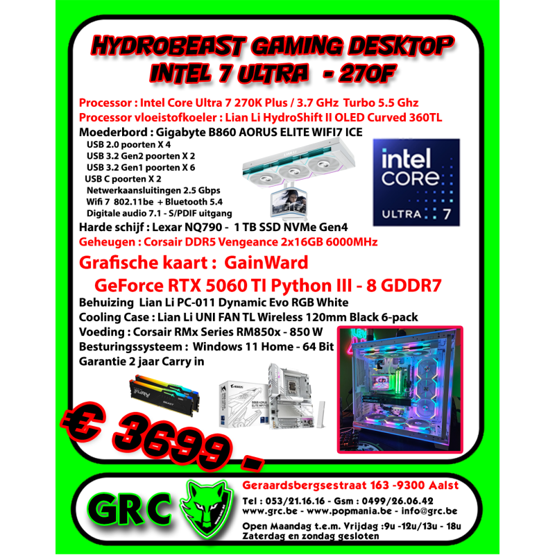 HYDROBEAST GAMING Desktop Intel 7 Ultra  - 270F - RTX 5060 Ti - Lian Li OLED